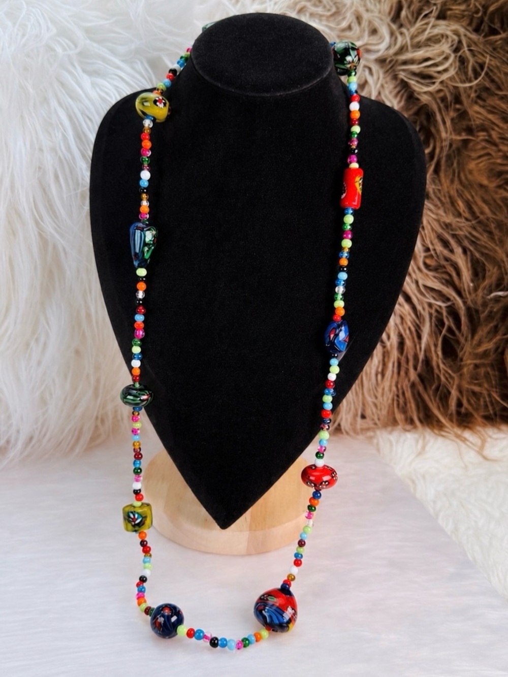 Vintage Colorful Art Glass Beaded Long Statement Necklace Multicolor
